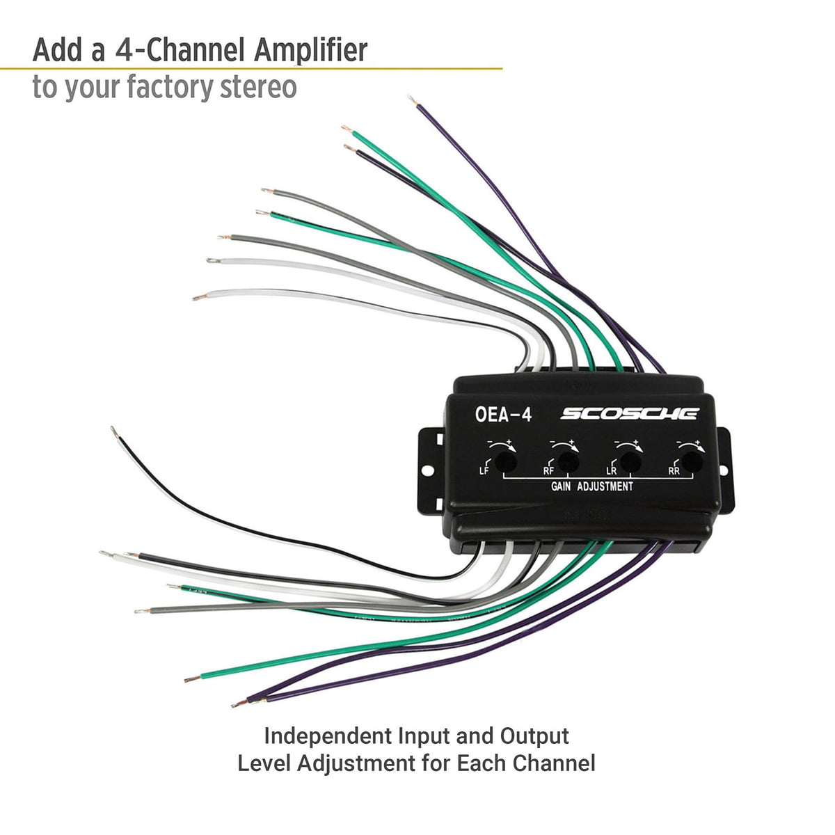 Scosche OEA4 wiring connections view showing speaker inputs and line-level outputs for easy integration