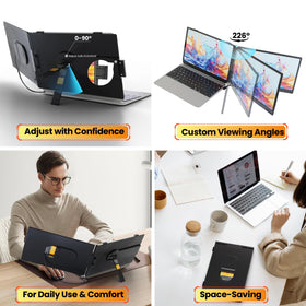 Screnex extender on adjustable stand offers stable typing positions.