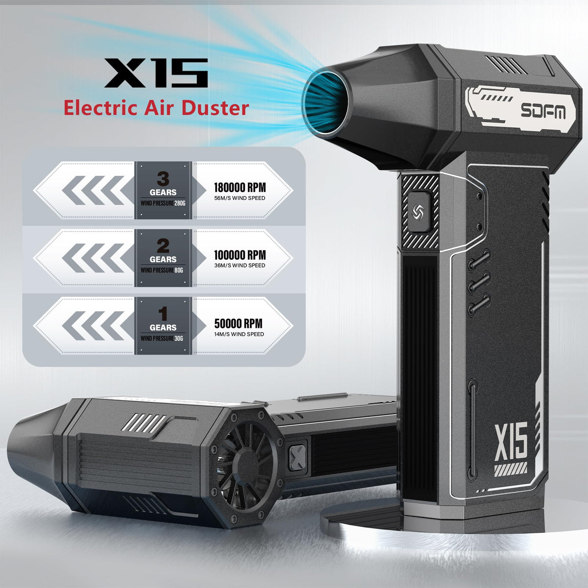 SDFM compressed air duster top view highlights sleek brushless motor for powerful airflow.