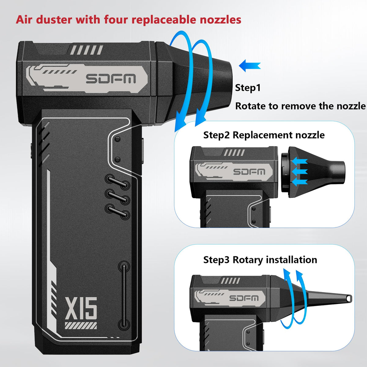 SDFM compressed air duster Type-C charging demonstrates quick recharge capability.