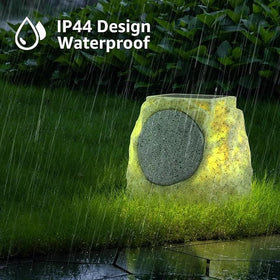 SDX weatherproof IP44 rock speaker withstands rain and sun for year-round use.