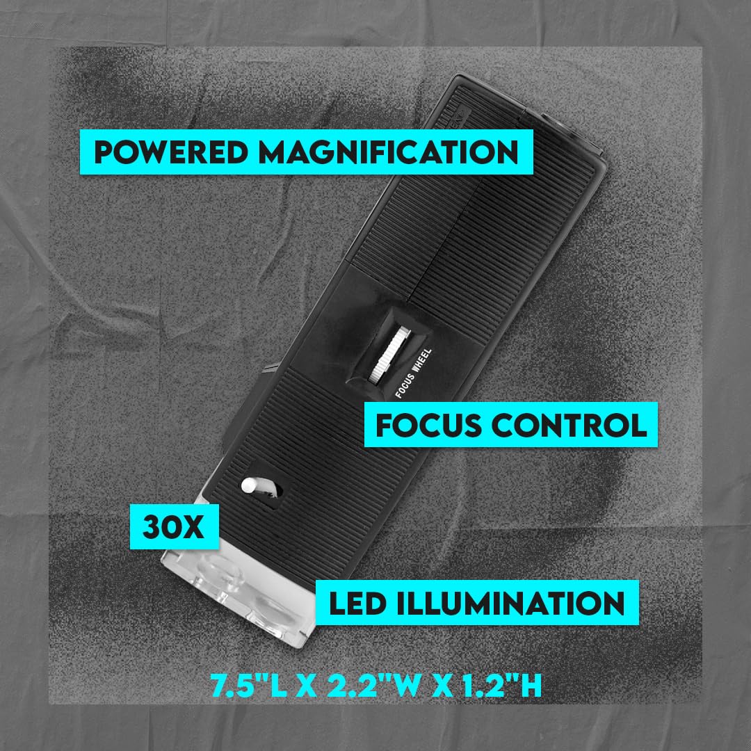 SE pocket microscope next to ruler showing scale and travel-friendly benefit