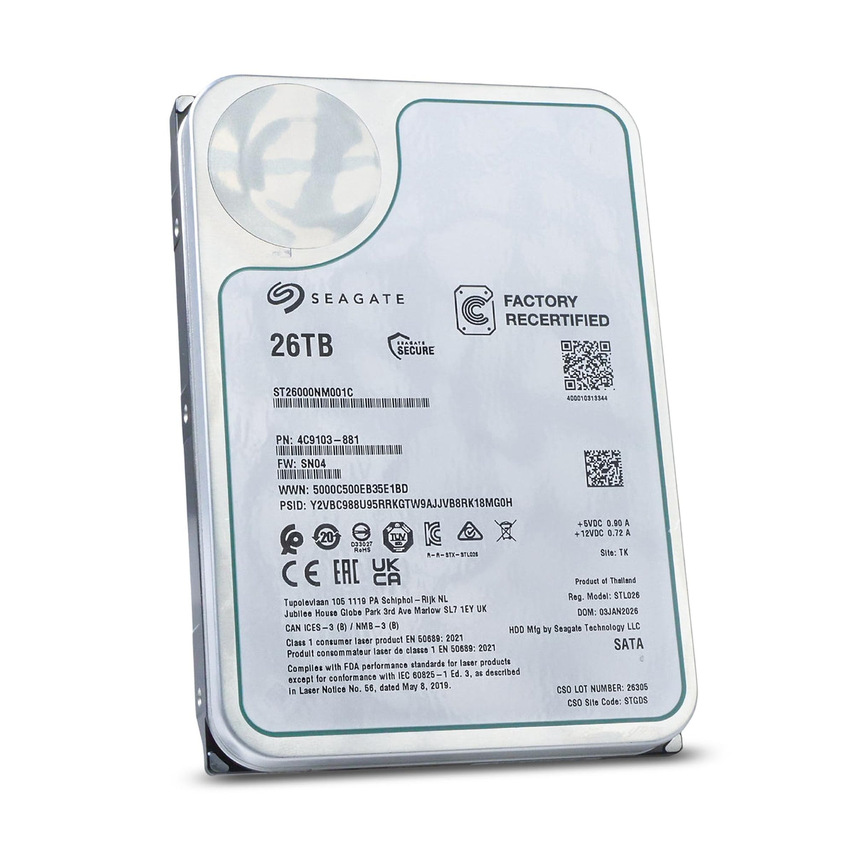 Seagate Exos 26TB connectors area shows SATA interface for efficient data transfers
