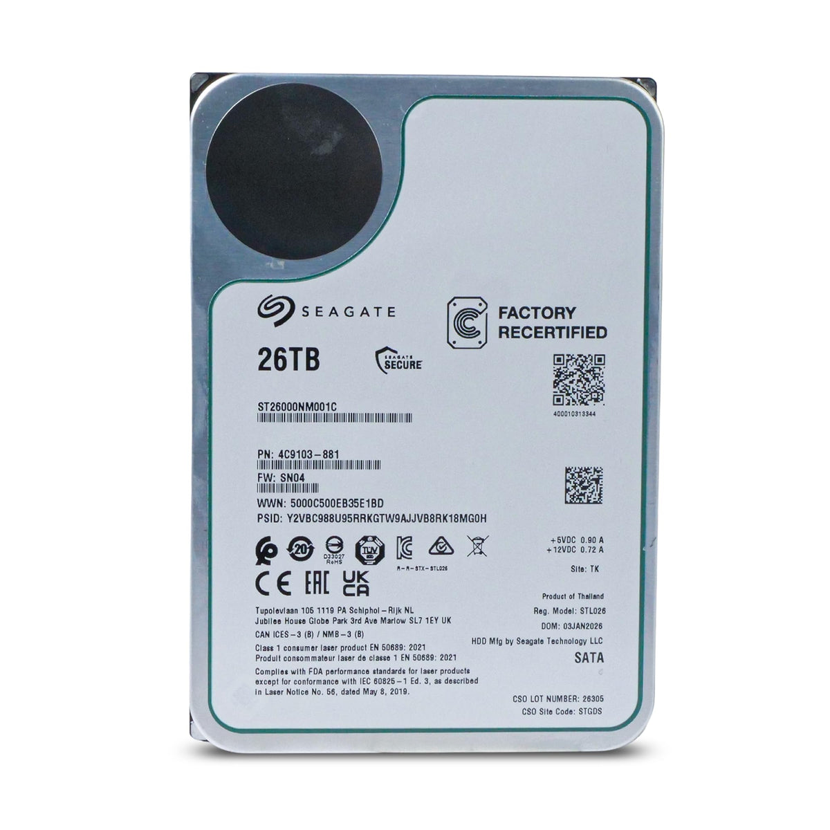 Seagate Exos 26TB serial plate suggests reliability and serviceability