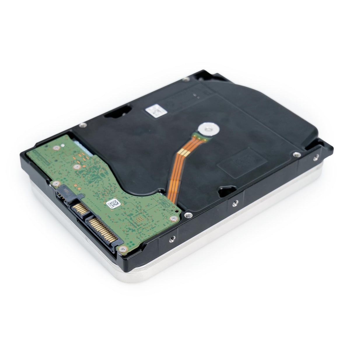 Rear ports of Seagate Exos 28TB drive, showing SATA interface connectivity for RAID setups.