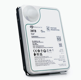 Seagate Exos 28TB drive with cables connected in a server chassis.