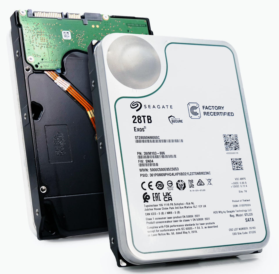 Seagate Exos 28TB drive front view, ready for data center deployment.