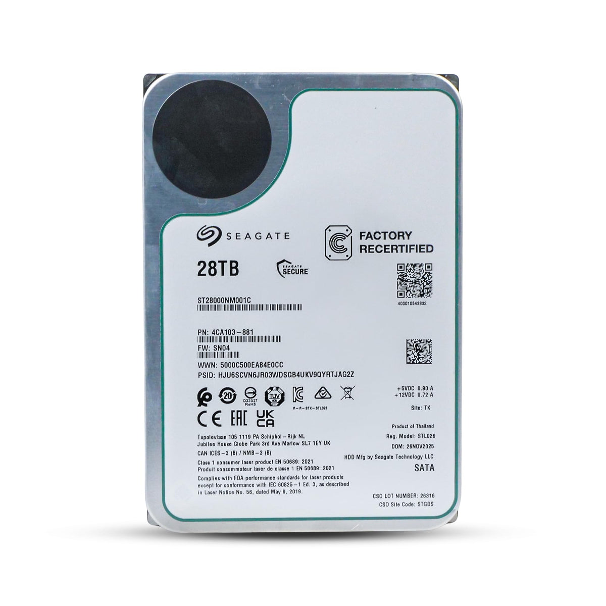 Seagate Exos 28TB HDD side view emphasizes robust chassis and 7200 RPM performance.