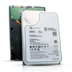 Seagate Exos 28TB HDD top view shows massive capacity for dense storage.