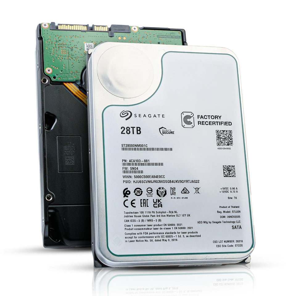 Seagate Exos 28TB HDD top view shows massive capacity for dense storage.