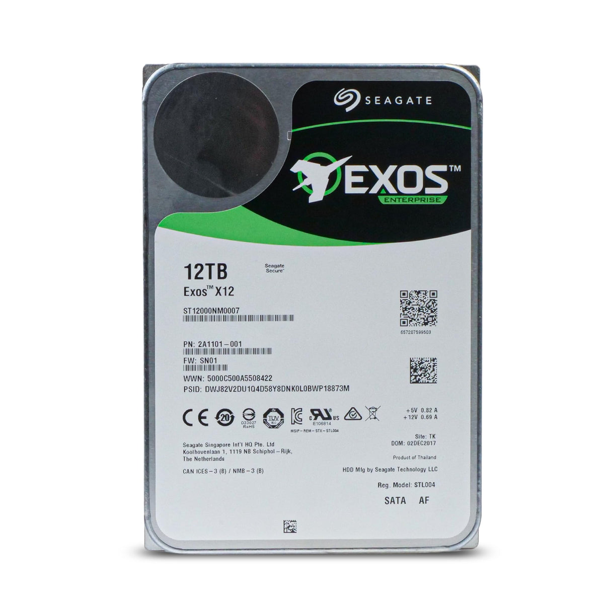 Seagate Exos X12 12TB drive side view shows 3.5-inch form factor for rack deployment.