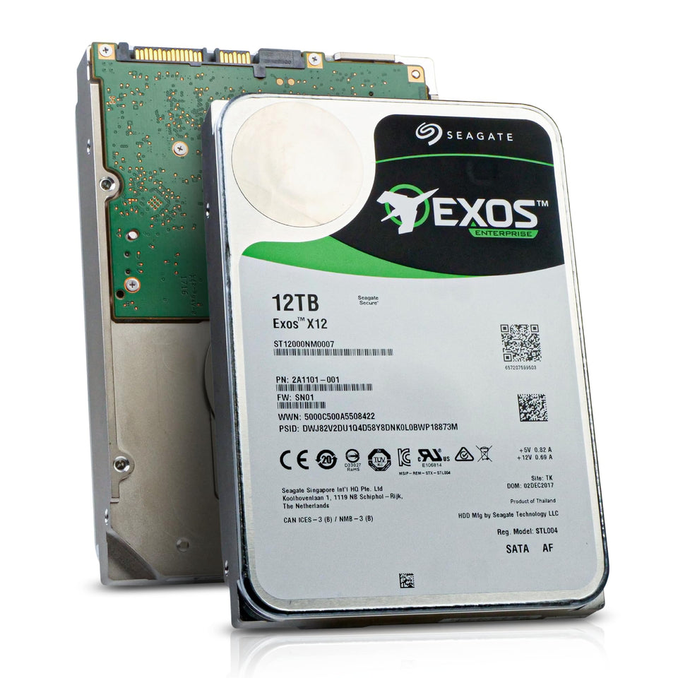 Seagate Exos X12 12TB drive top view highlights enterprise storage capacity for servers.