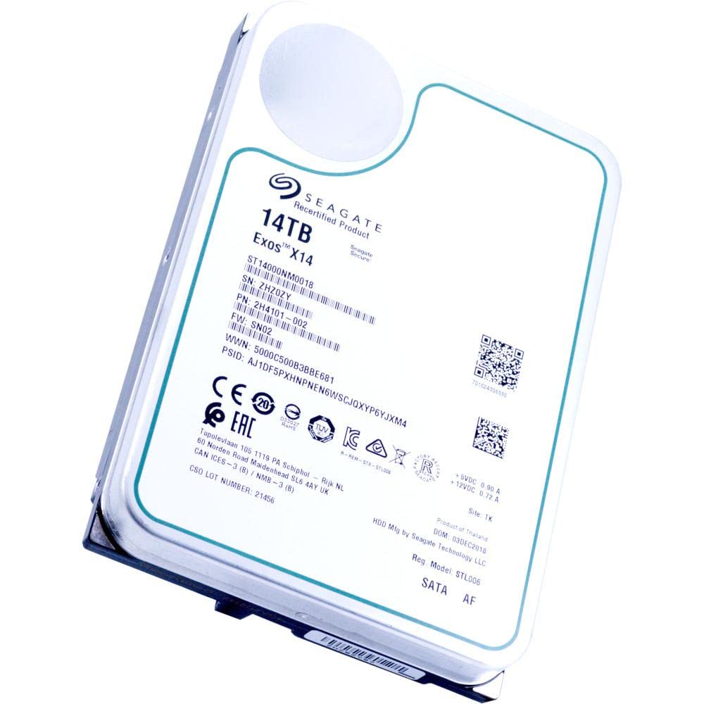 Seagate Exos X14 14TB drive front view, ready for enterprise-grade storage in servers.