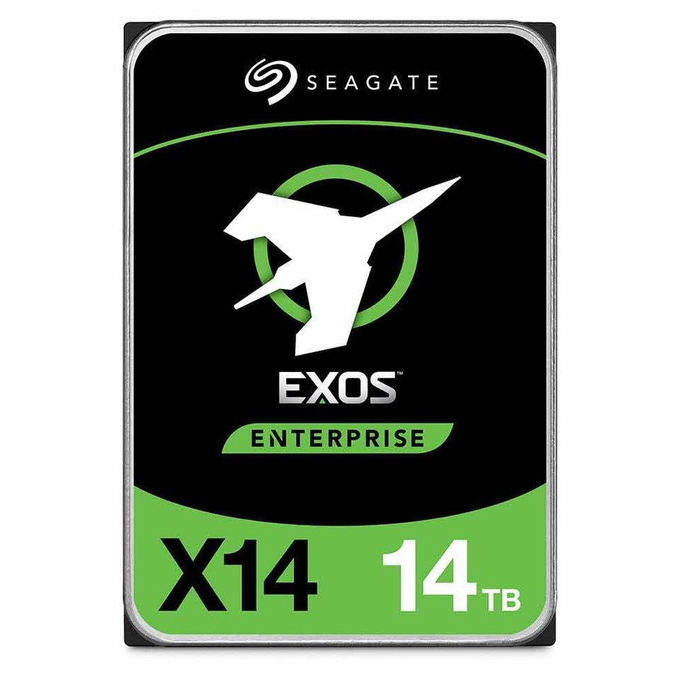 Seagate Exos X14 14TB drive top view, ideal for high-capacity backups in data centers.