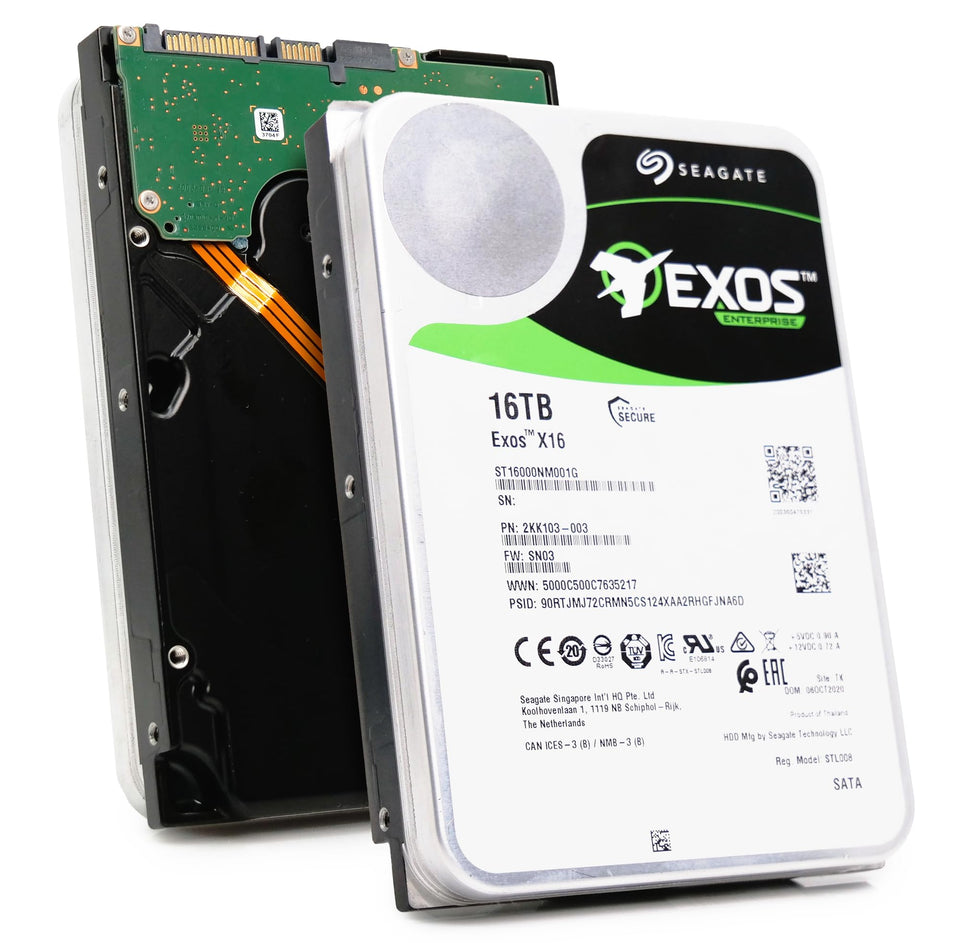 Seagate Exos X16 16TB HDD front view, enterprise-grade reliability for data centers.