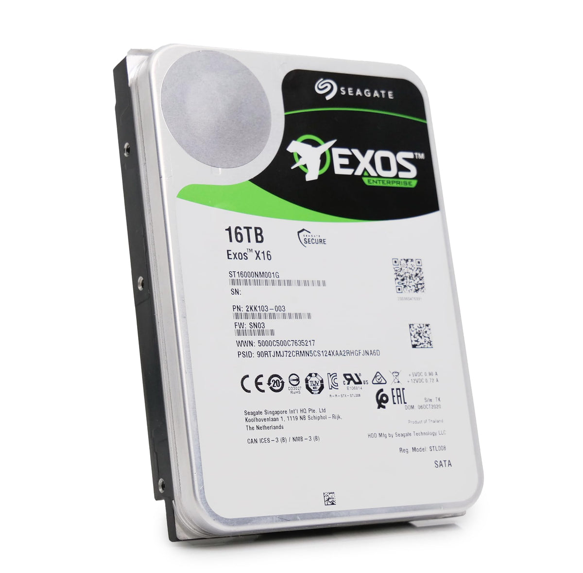 Seagate Exos X16 16TB HDD label close-up with model ST16000NM001G.