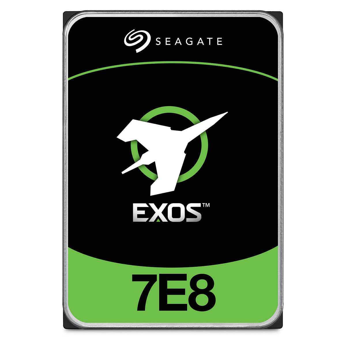 Seagate Exos 7E8 2TB drive front view highlighting enterprise reliability