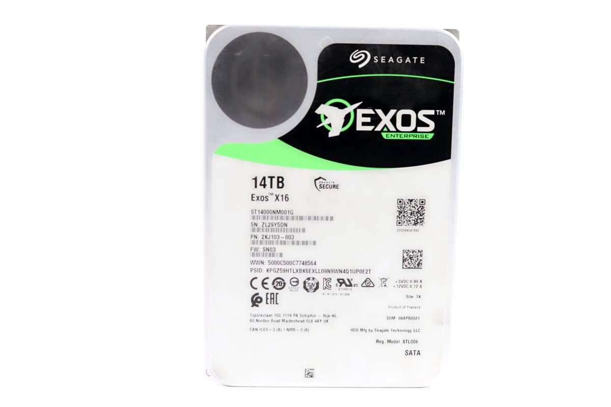 Seagate Renewed Exos X16 14TB drive, front view, reliable data center storage.