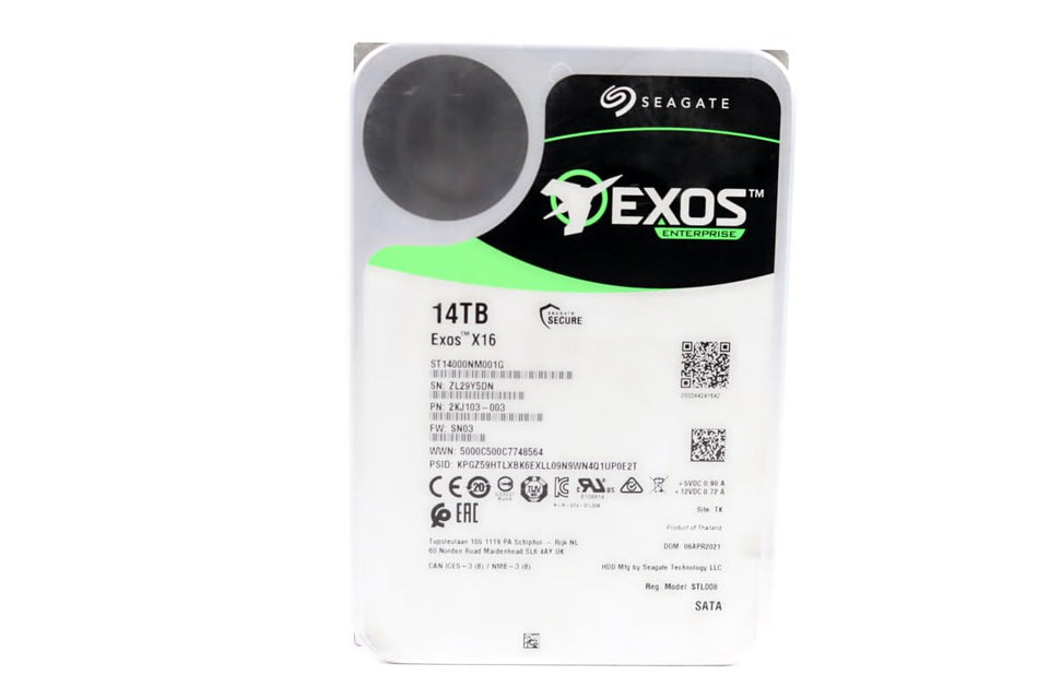 Seagate Renewed Exos X16 14TB drive, front view, reliable data center storage.