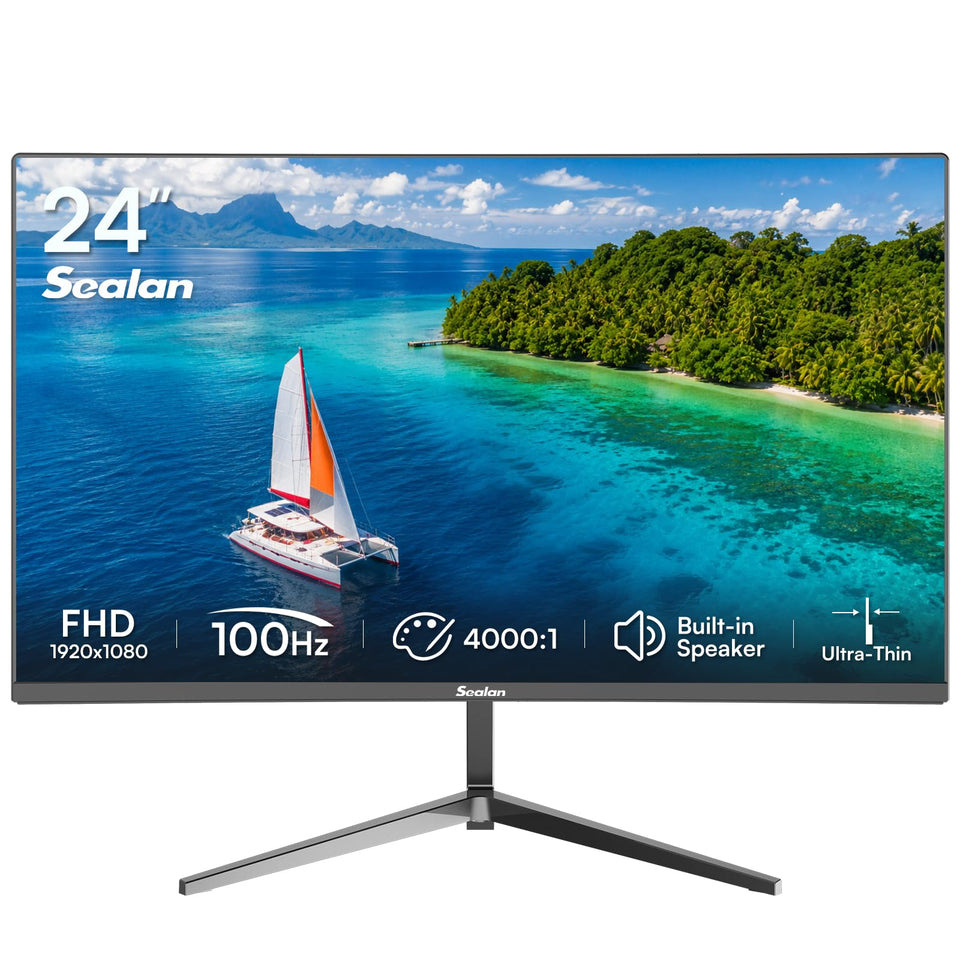 Sealan 24-inch monitor front view with slim profile for neat home workstation.