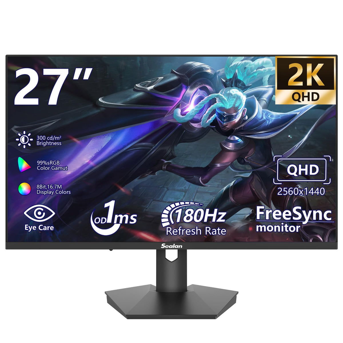 Sealan 27-inch gaming monitor with 2K QHD for sharper details and immersion.