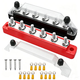 Seamaka bus bar front view showing red and black units for tidy battery distribution