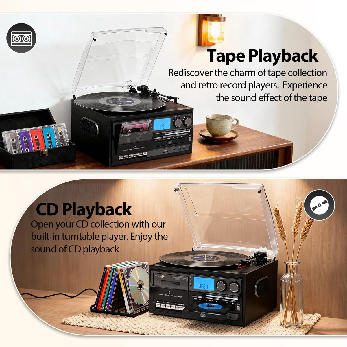 Seasonlife 3-speed belt drive plays 33/45/78 RPM with auto-stop feature.