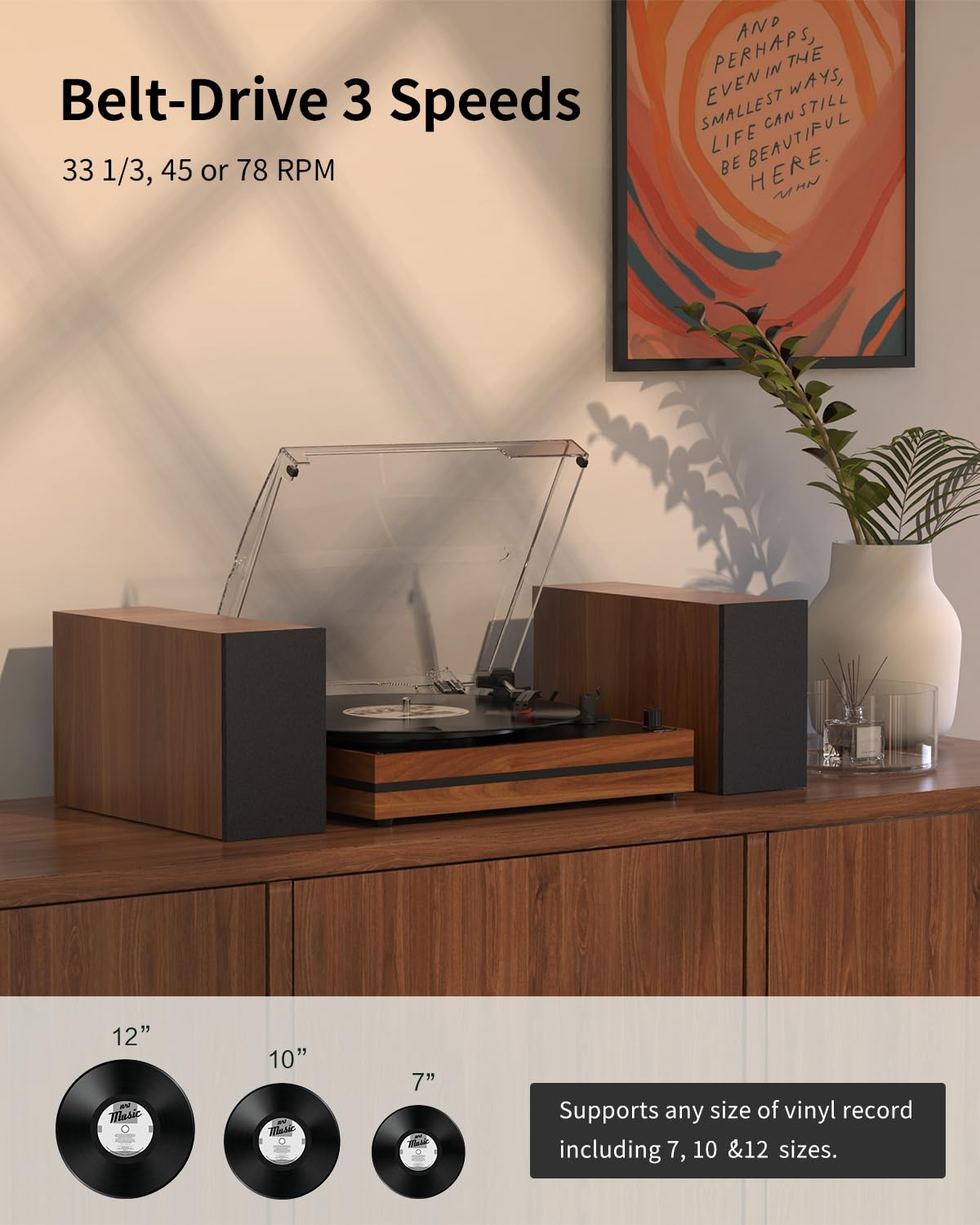 Seasonlife belt-drive turntable delivering warm vinyl tones with three speeds.