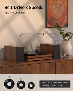 Seasonlife belt-drive turntable delivering warm vinyl tones with three speeds.
