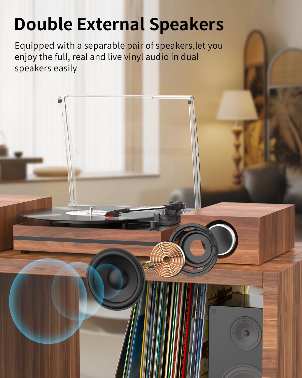 Seasonlife dual external speakers for fuller, room-filling vinyl playback.