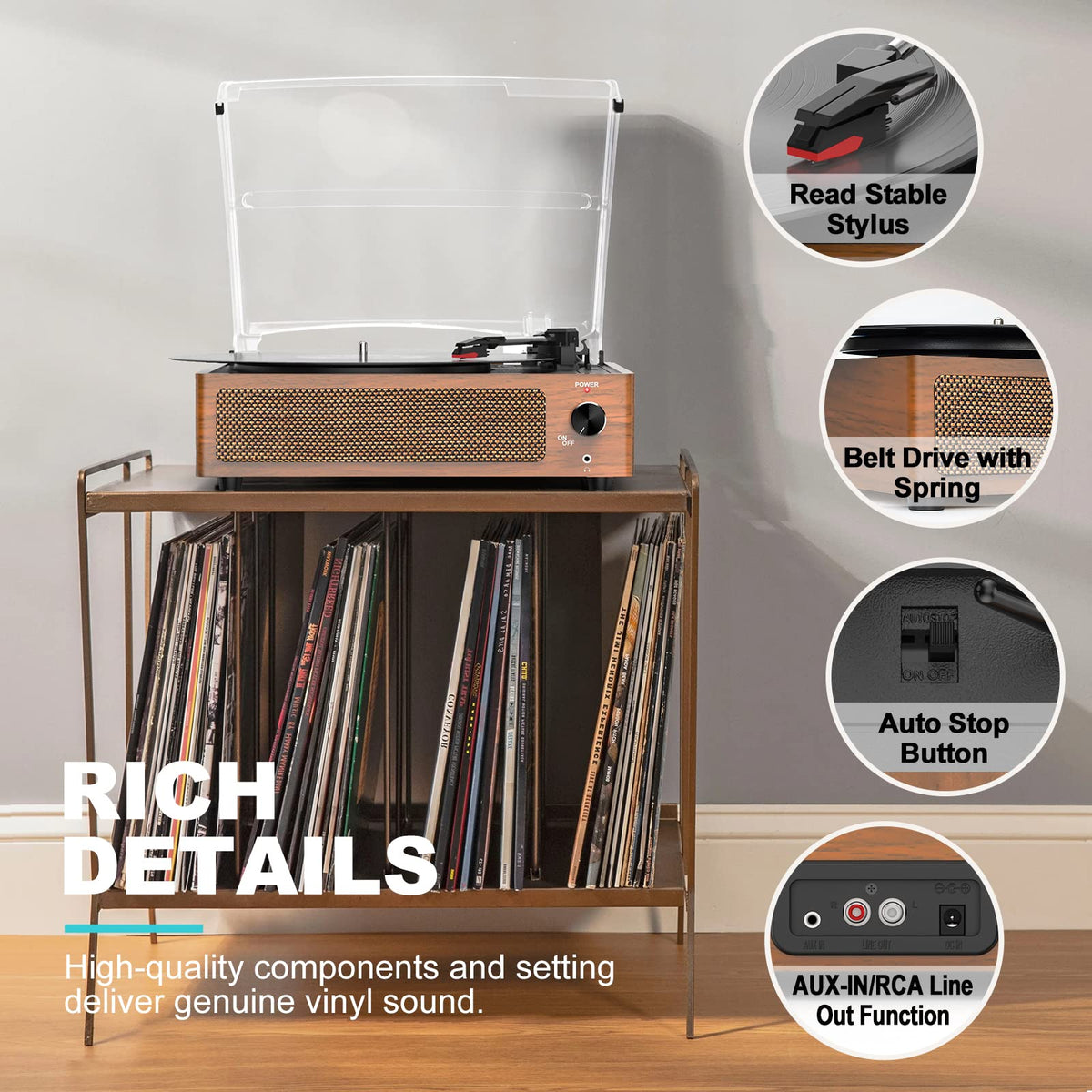 seasonlife dust cover and wood grain finish protecting records and enhancing decor