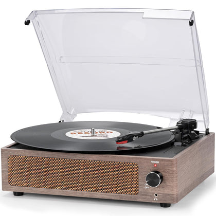 seasonlife front view wood-finish turntable showing vintage design and easy setup