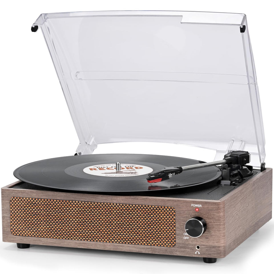 seasonlife front view wood-finish turntable showing vintage design and easy setup
