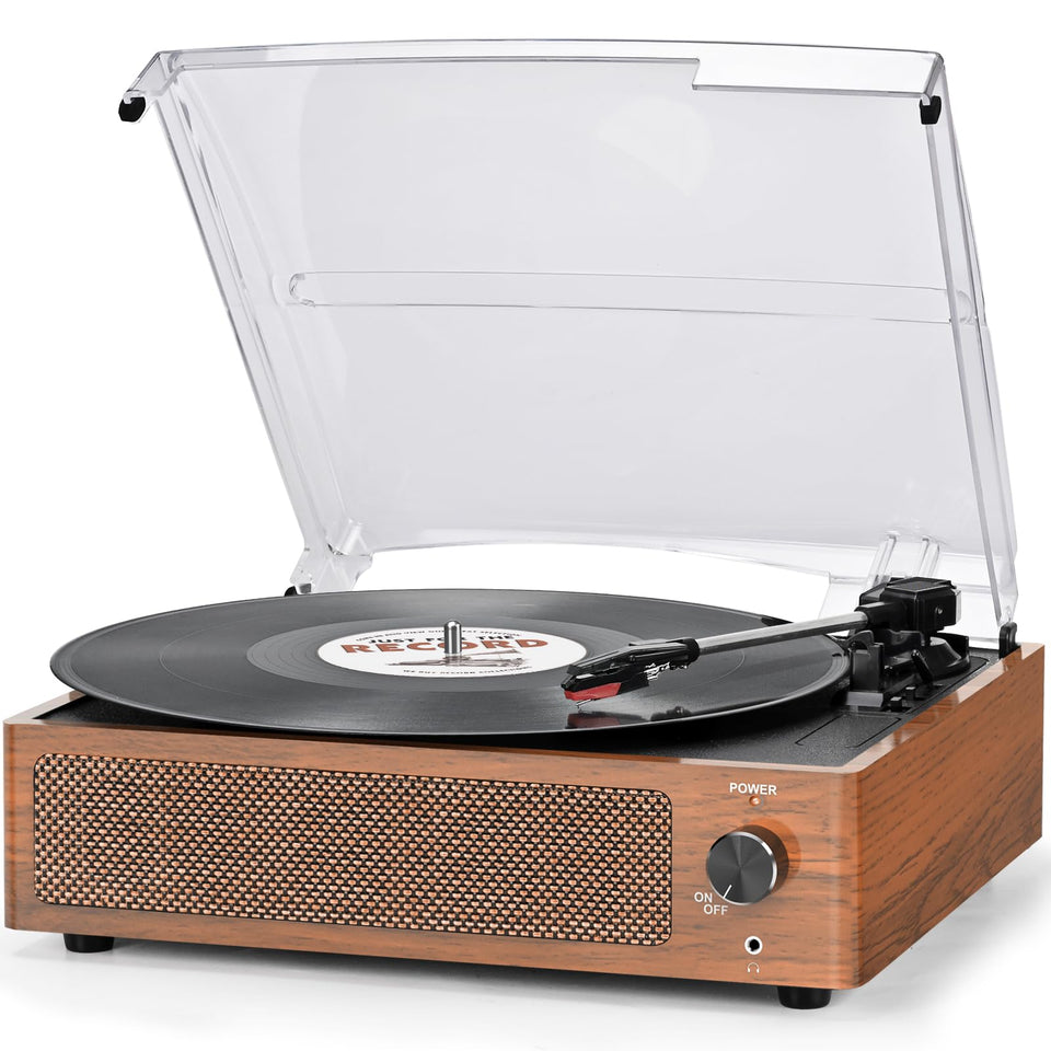 seasonlife front view brown turntable showing retro design and easy setup