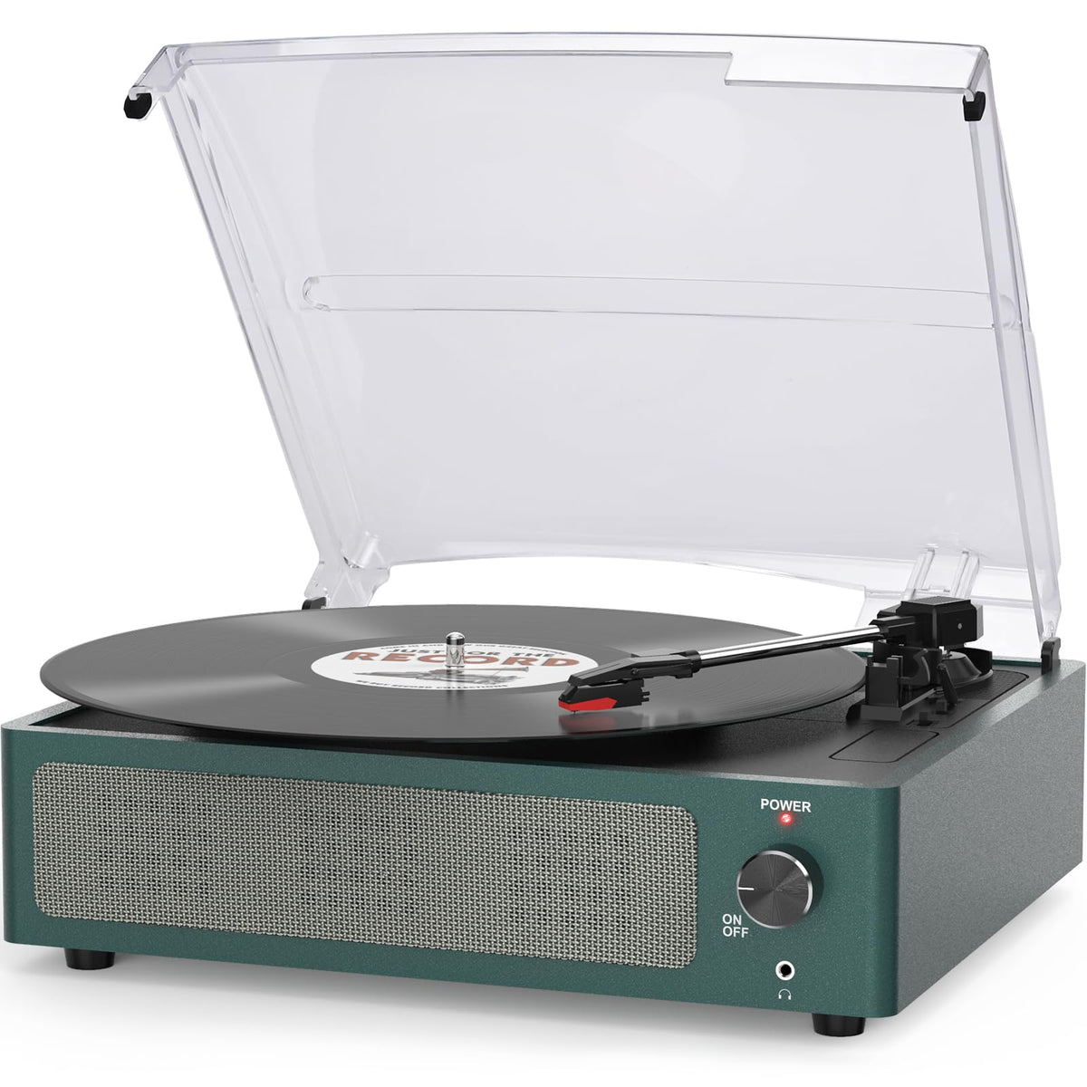 seasonlife front view of dark blue record player showing compact design and ease