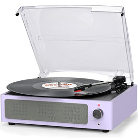seasonlife front view showing pale purple turntable and built-in speakers for instant playback