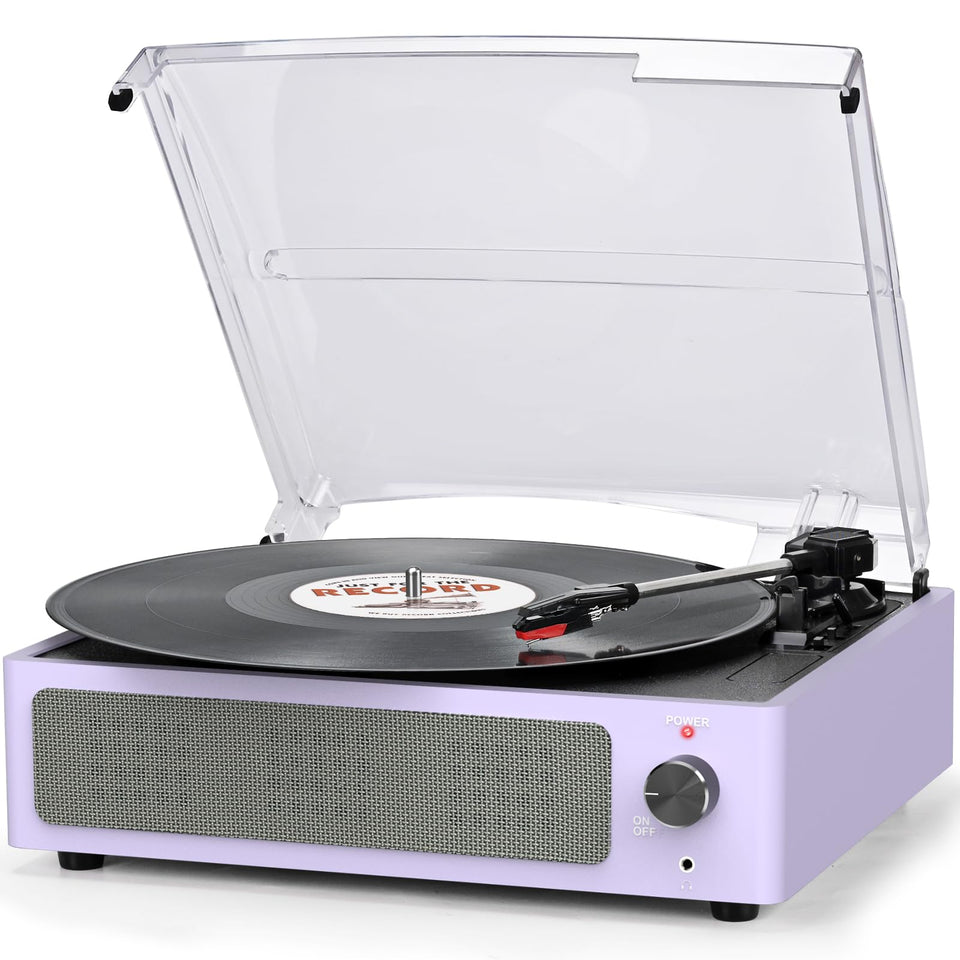 seasonlife front view showing pale purple turntable and built-in speakers for instant playback