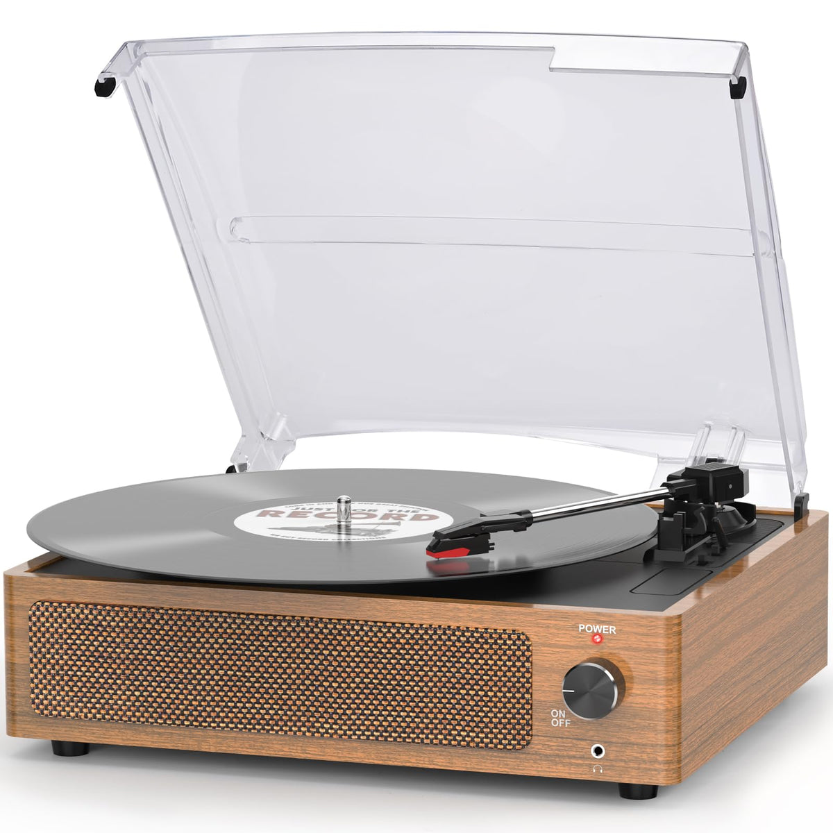 seasonlife front view wood-grain turntable showing vintage design and easy setup