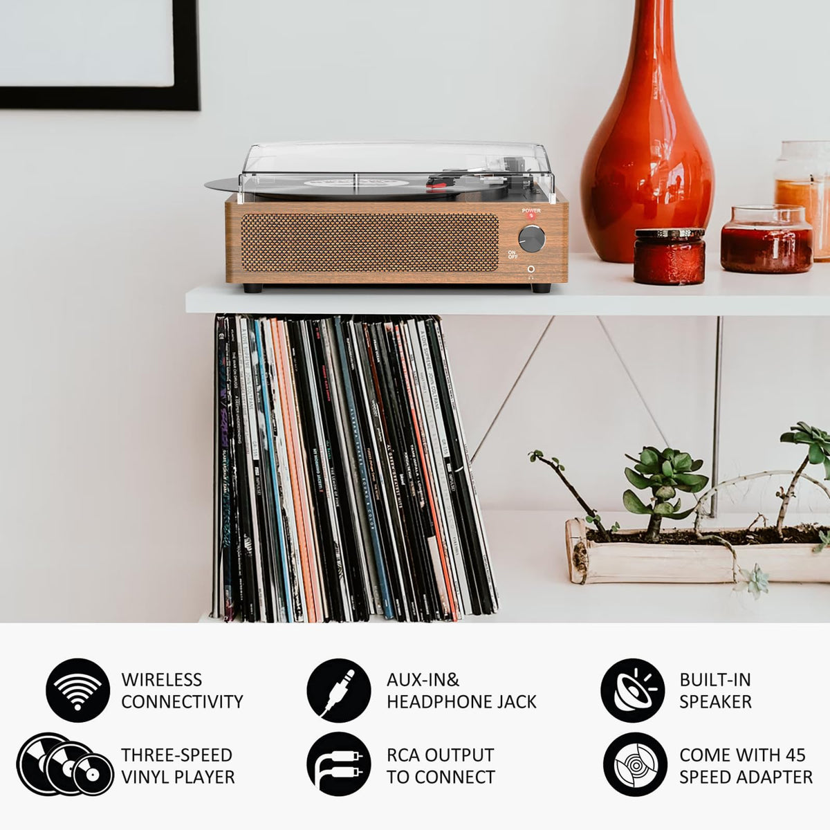 seasonlife turntable in living room showing Bluetooth streaming and ambiance