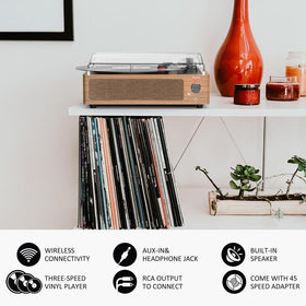 seasonlife turntable in living room showing Bluetooth streaming and ambiance