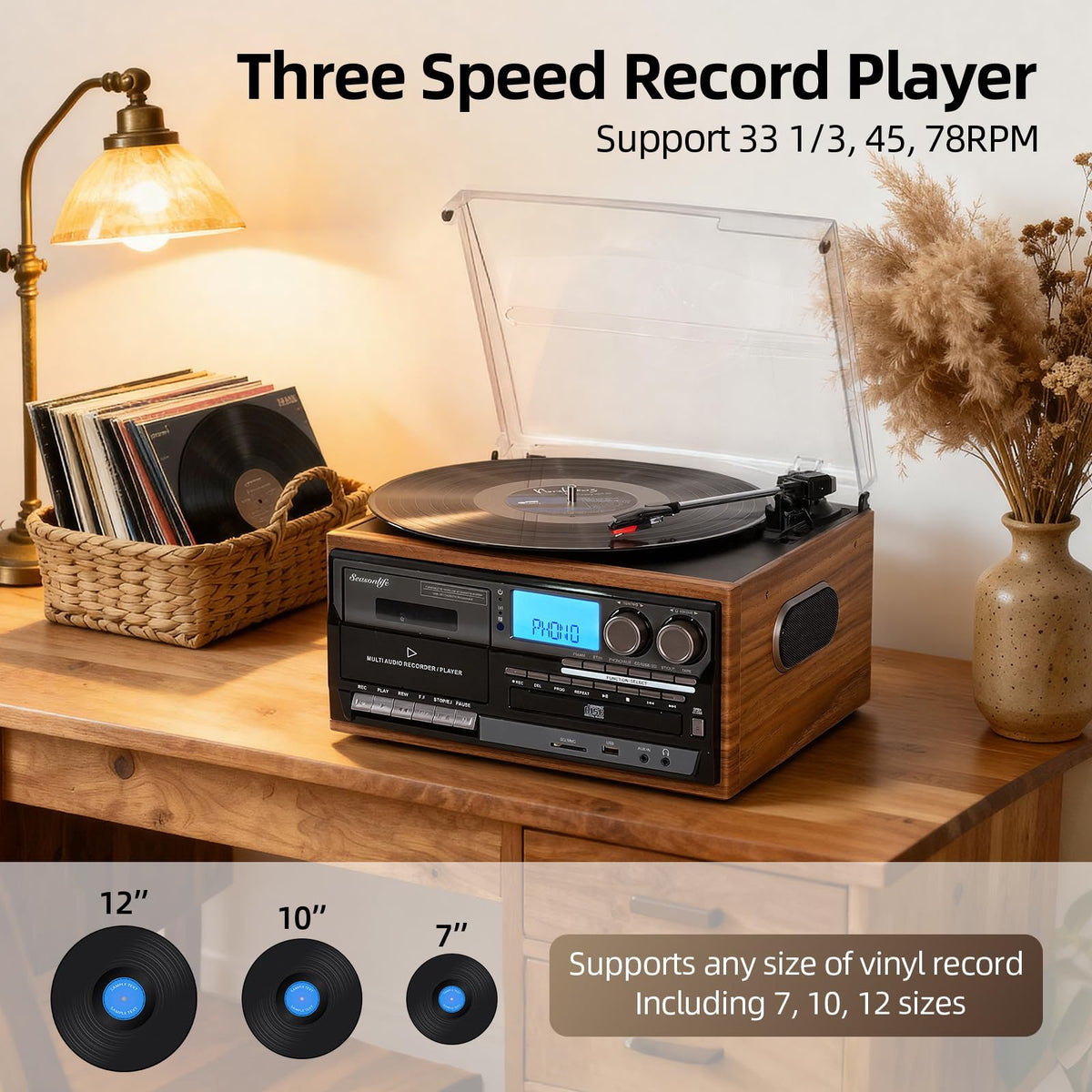 Seasonlife 3-speed belt drive turntable supports 33, 45, 78 rpm for versatile vinyl