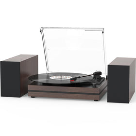 Seasonlife record player with belt-drive in a wooden cabinet enhances vintage aesthetics and sound.