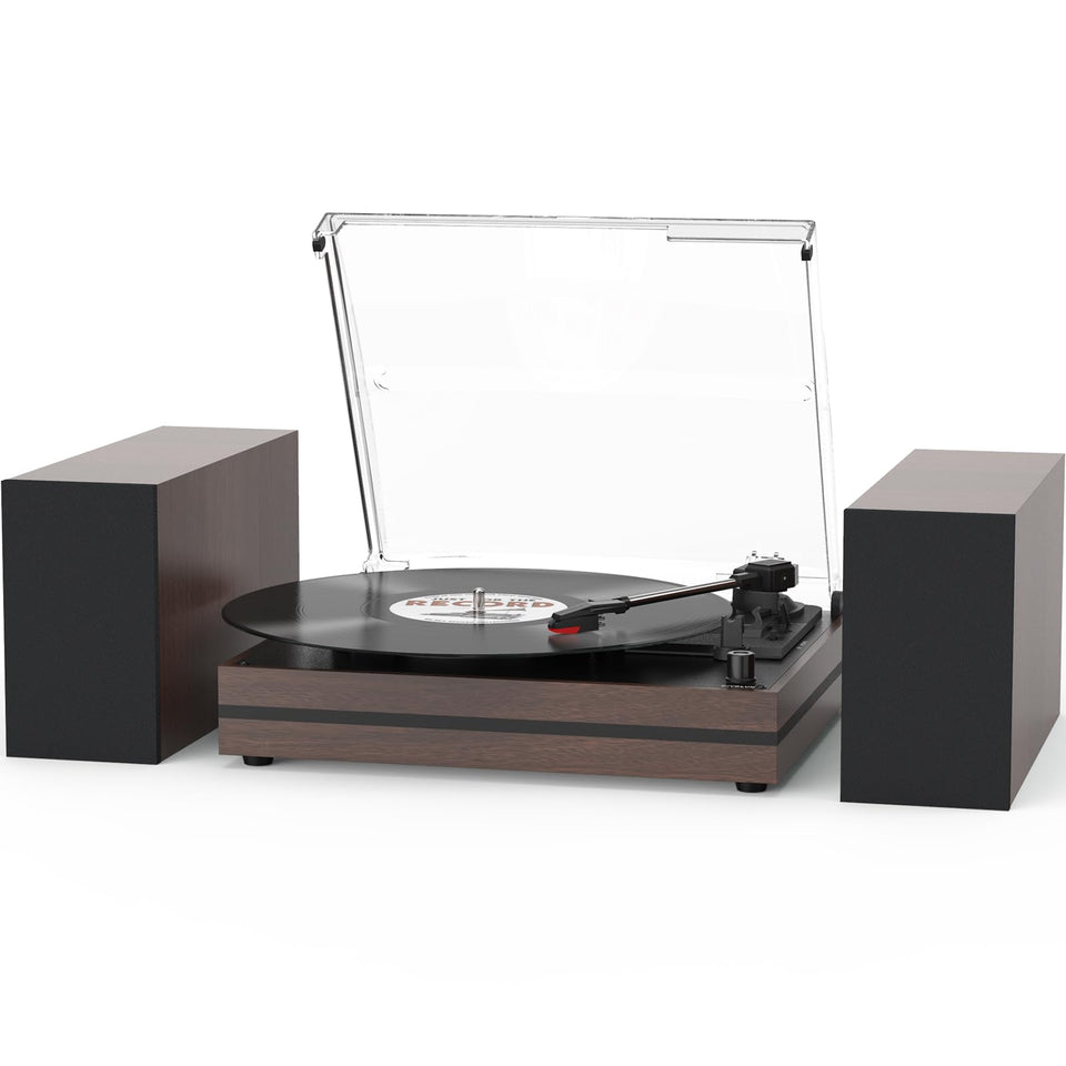 Seasonlife record player with belt-drive in a wooden cabinet enhances vintage aesthetics and sound.