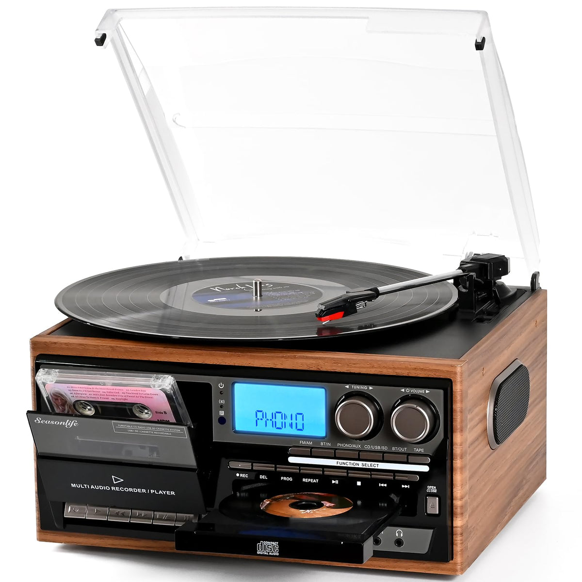 Seasonlife record player with wooden case and built-in speakers for warm vintage sound