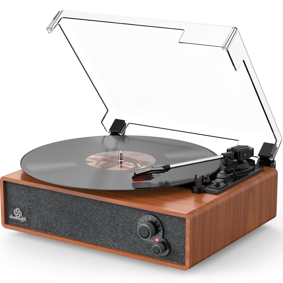 Seasonlife record player with dust cover protects vinyl when idle.