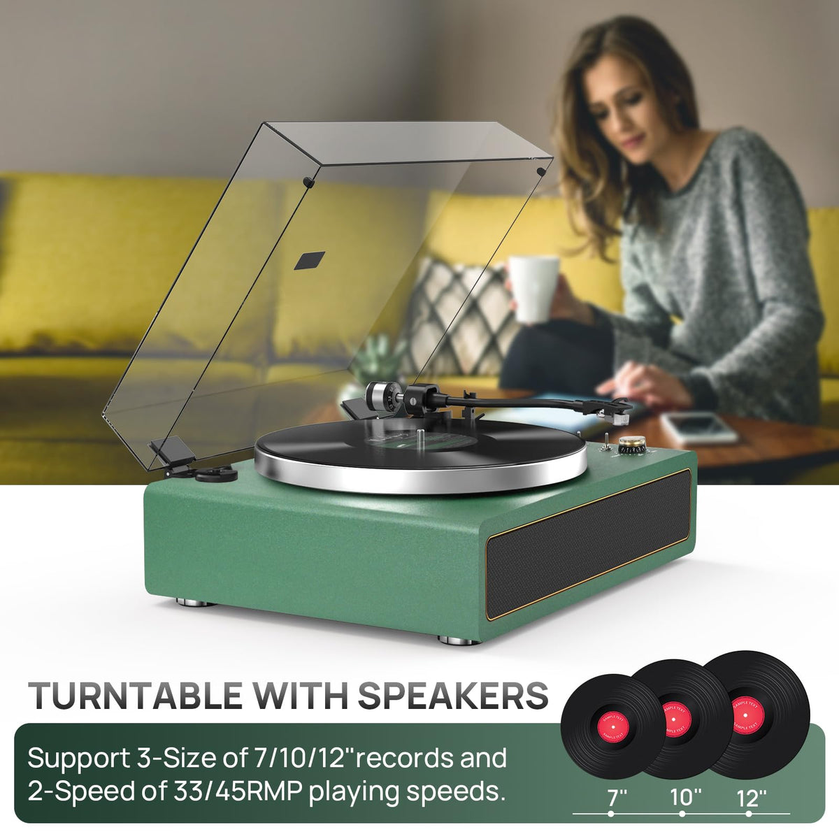 Seasonlife turntable 33-45 RPM capability for direct vinyl playback.