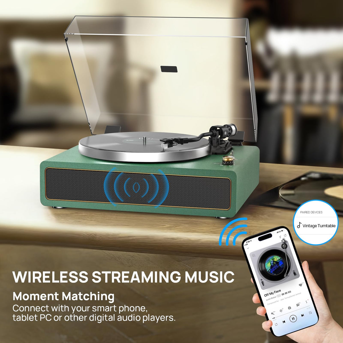 Seasonlife turntable Bluetooth playback demonstrates wireless streaming convenience.