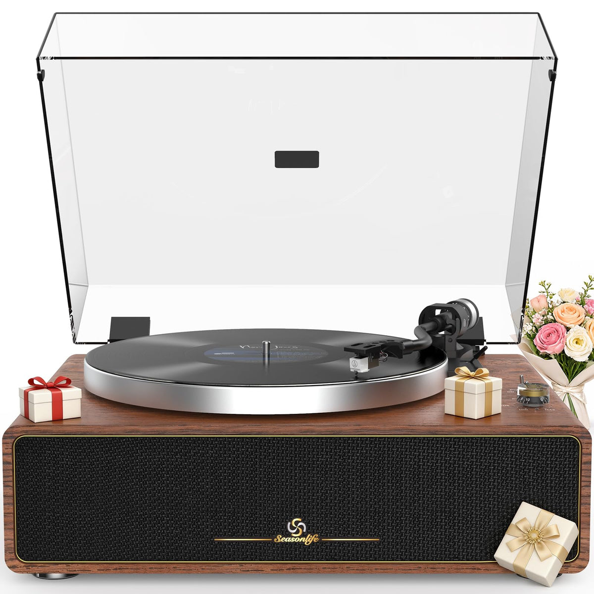 Seasonlife turntable with built-in speakers for compact all-in-one listening