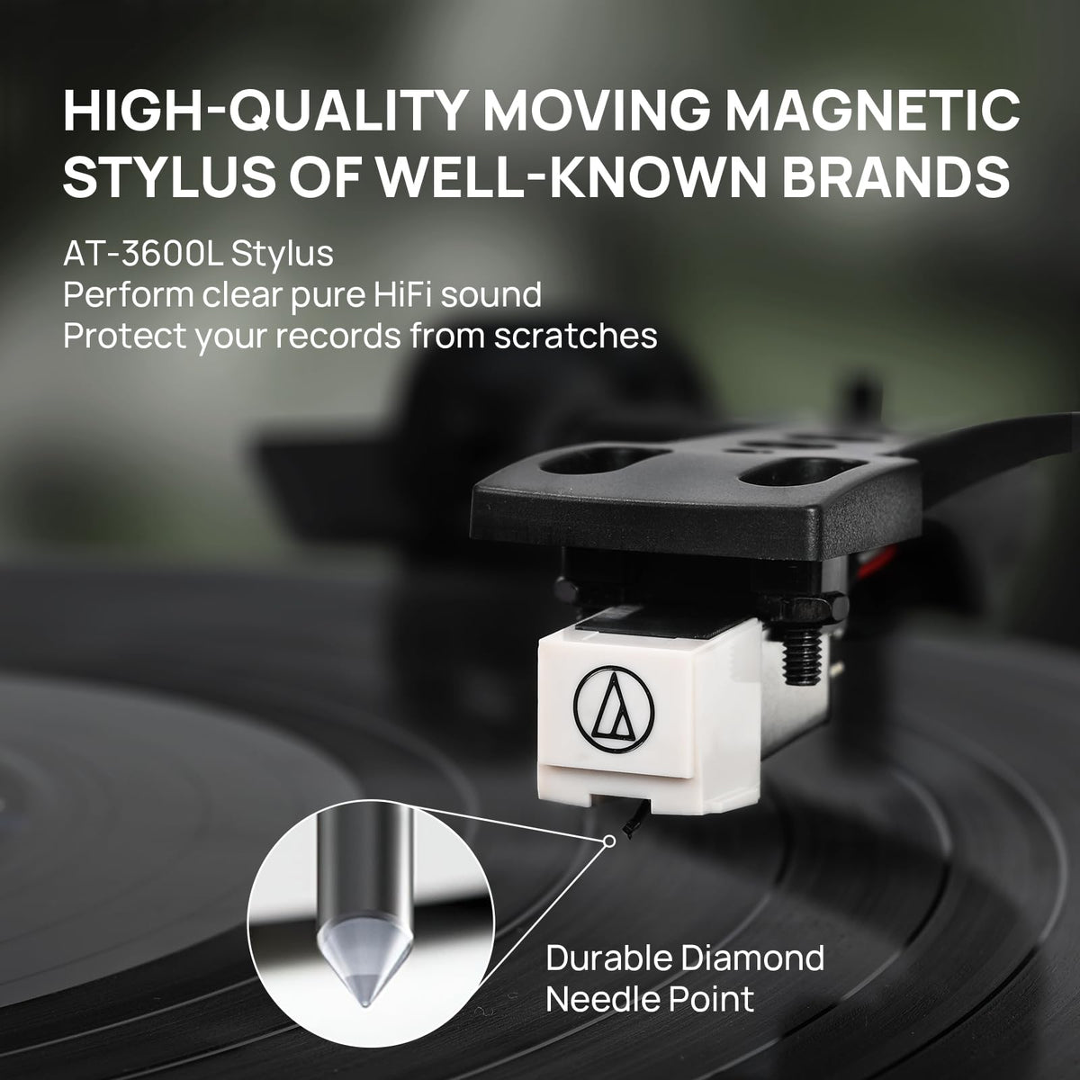 Seasonlife turntable built-in speakers offer balanced stereo for immersive listening.