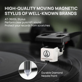 Seasonlife turntable built-in speakers offer balanced stereo for immersive listening.